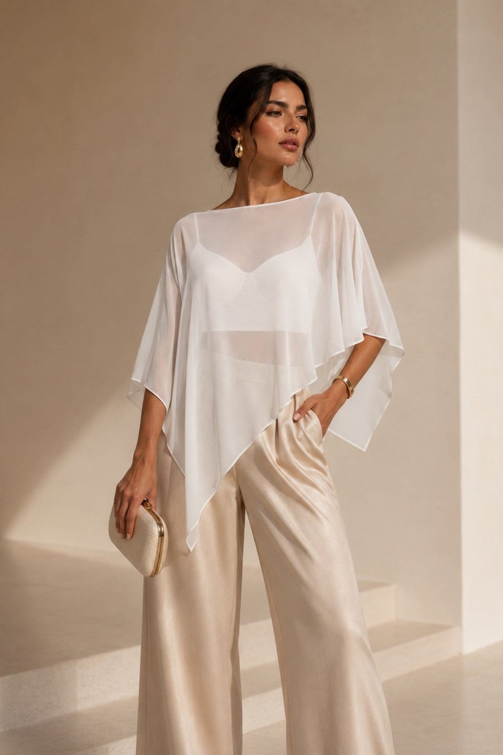 Boat Neck Asymmetrical Sheer White Blouse