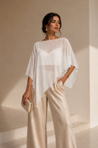 Boat Neck Asymmetrical Sheer White Blouse
