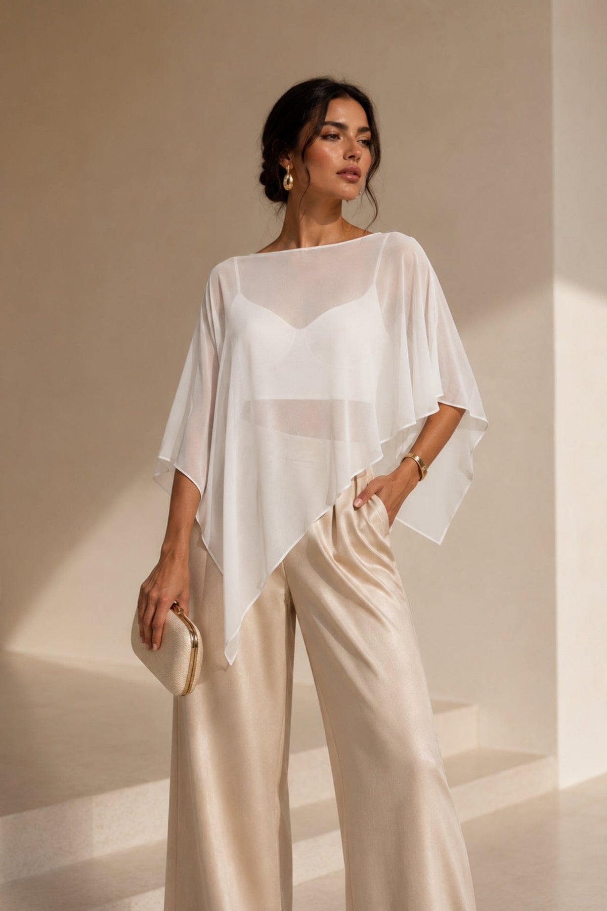 Boat Neck Asymmetrical Sheer White Blouse