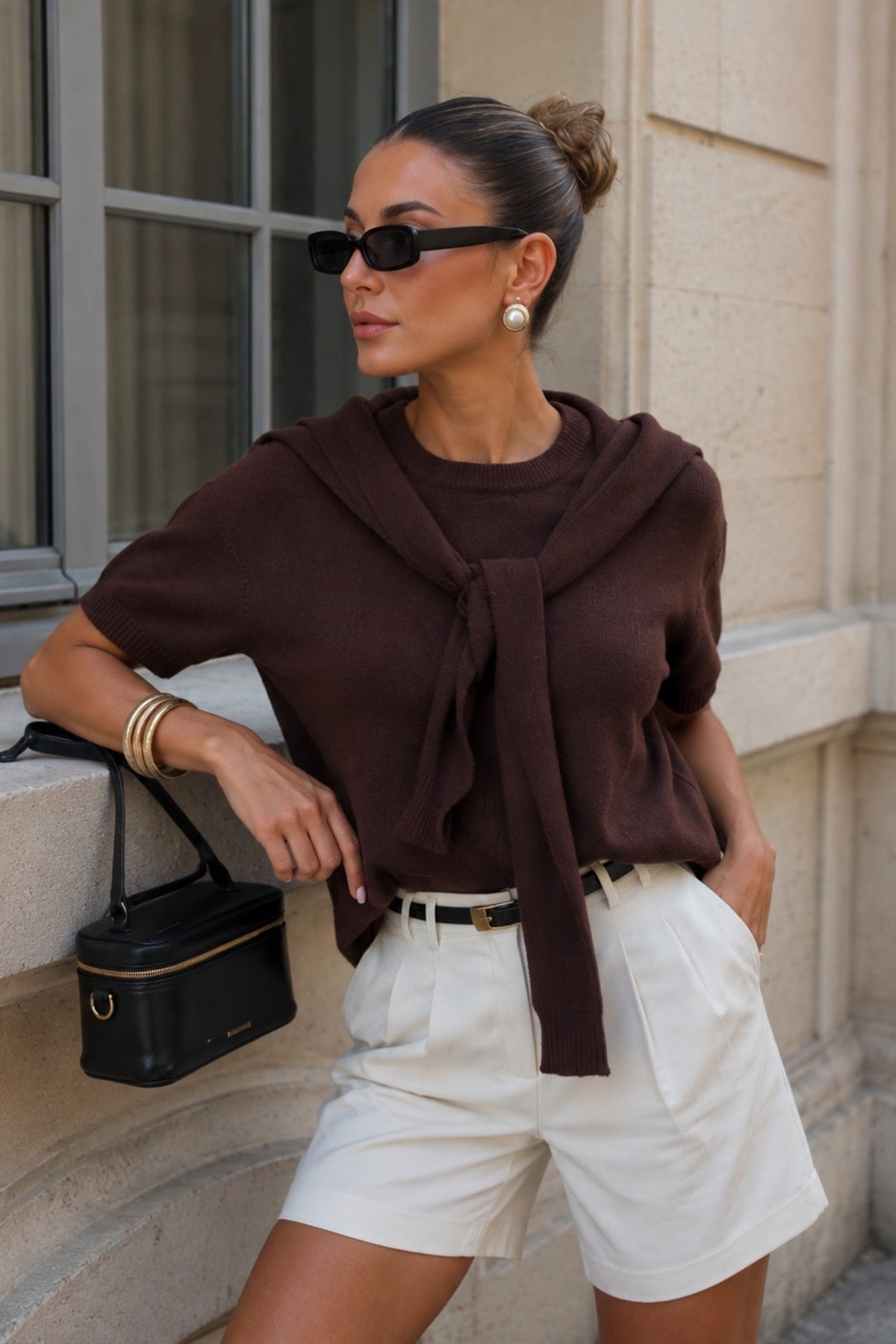 Shawl Detail Crew Neck Textured Brown Blouse