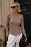 Asimetrik Button Detail Long Sleeve Beige Knit Blouse