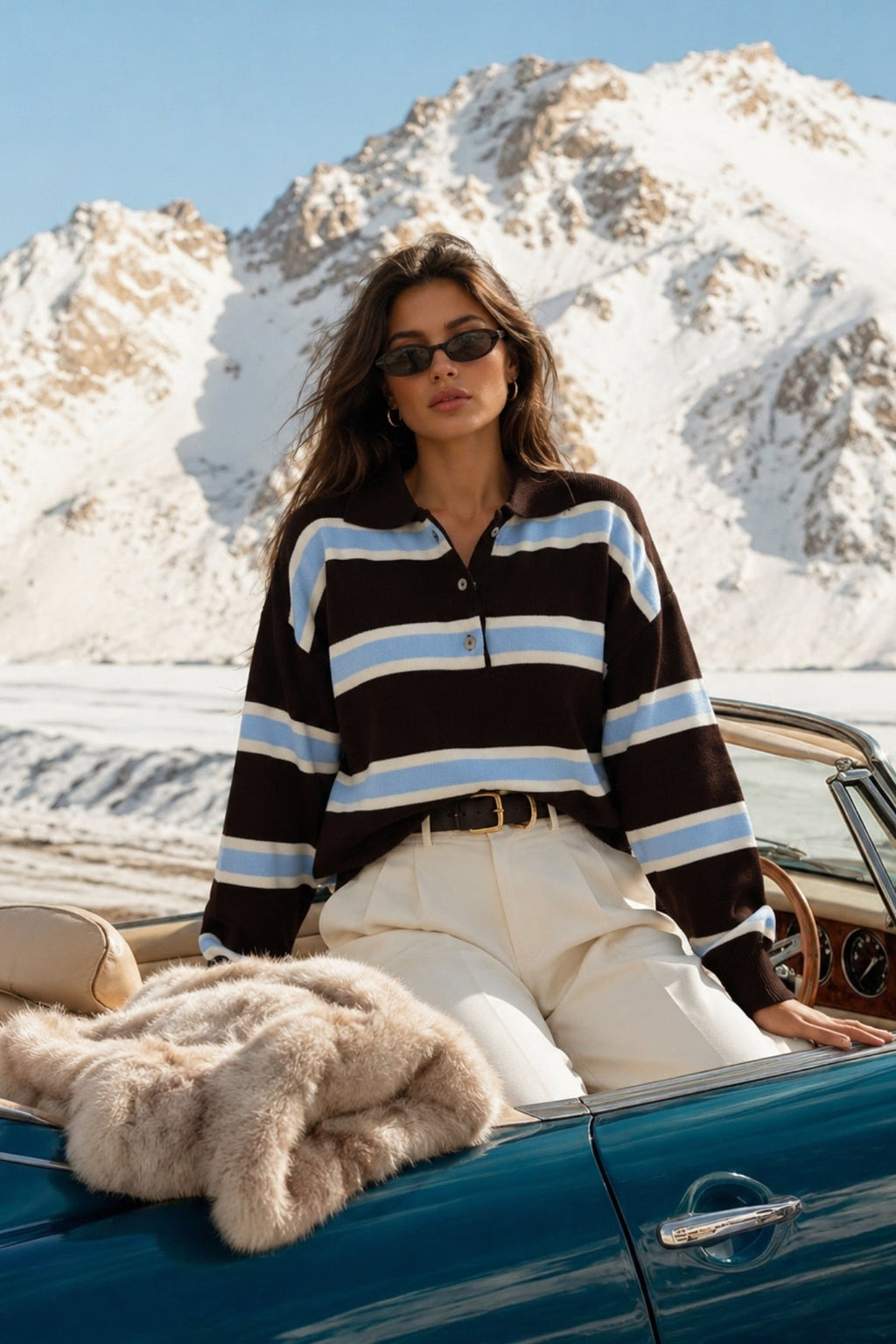 Polo Neck Button Detail Brown Striped Knit Sweater
