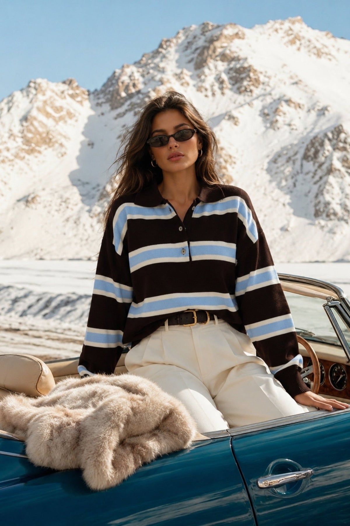 Polo Neck Button Detail Brown Striped Knit Sweater