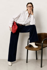 High-Waisted Textured Navy Velvet Trousers