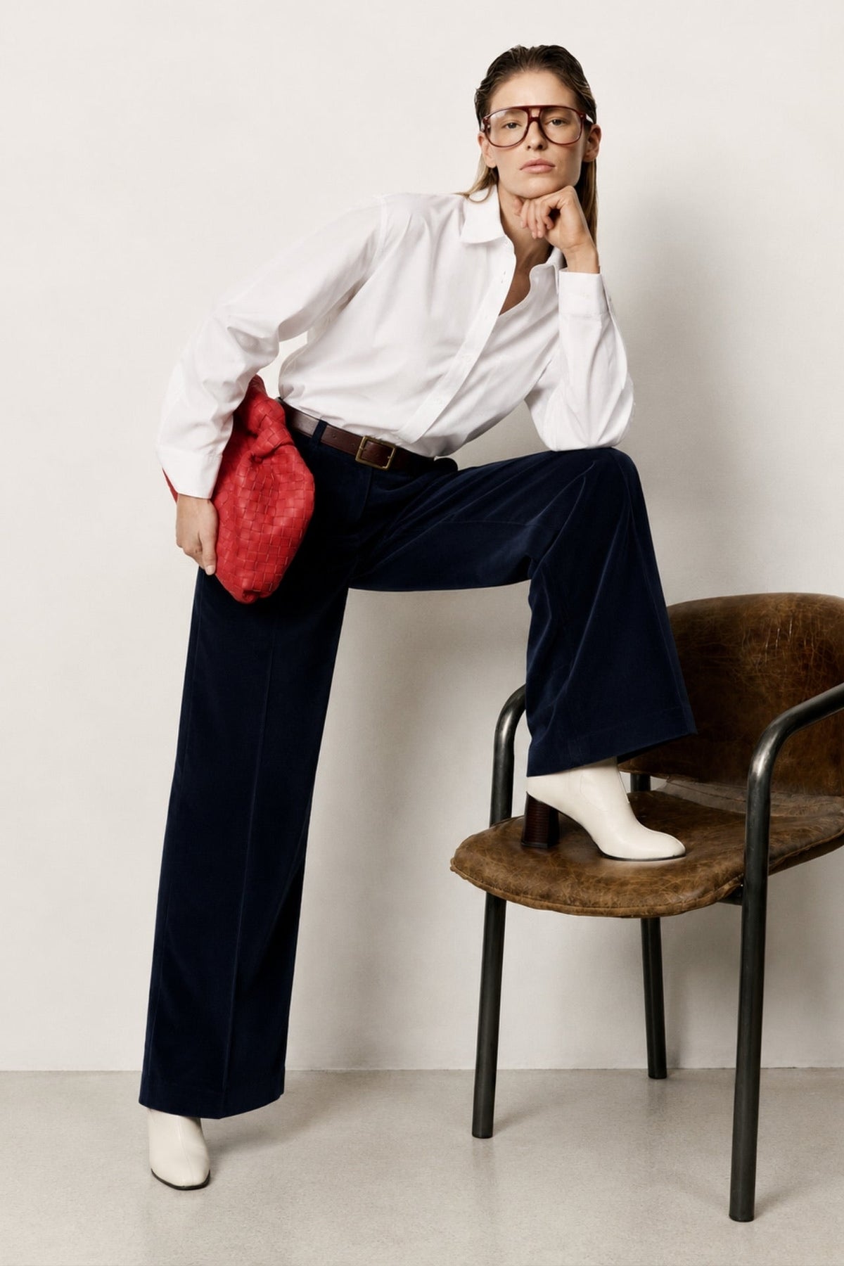 High-Waisted Textured Navy Velvet Trousers