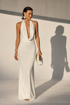 Shawl Collar Deep Neck Maxi White Dress