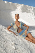Striped Tie-Detail Blouse and Folded-Waist Skirt Two-Piece Blue Knit Set