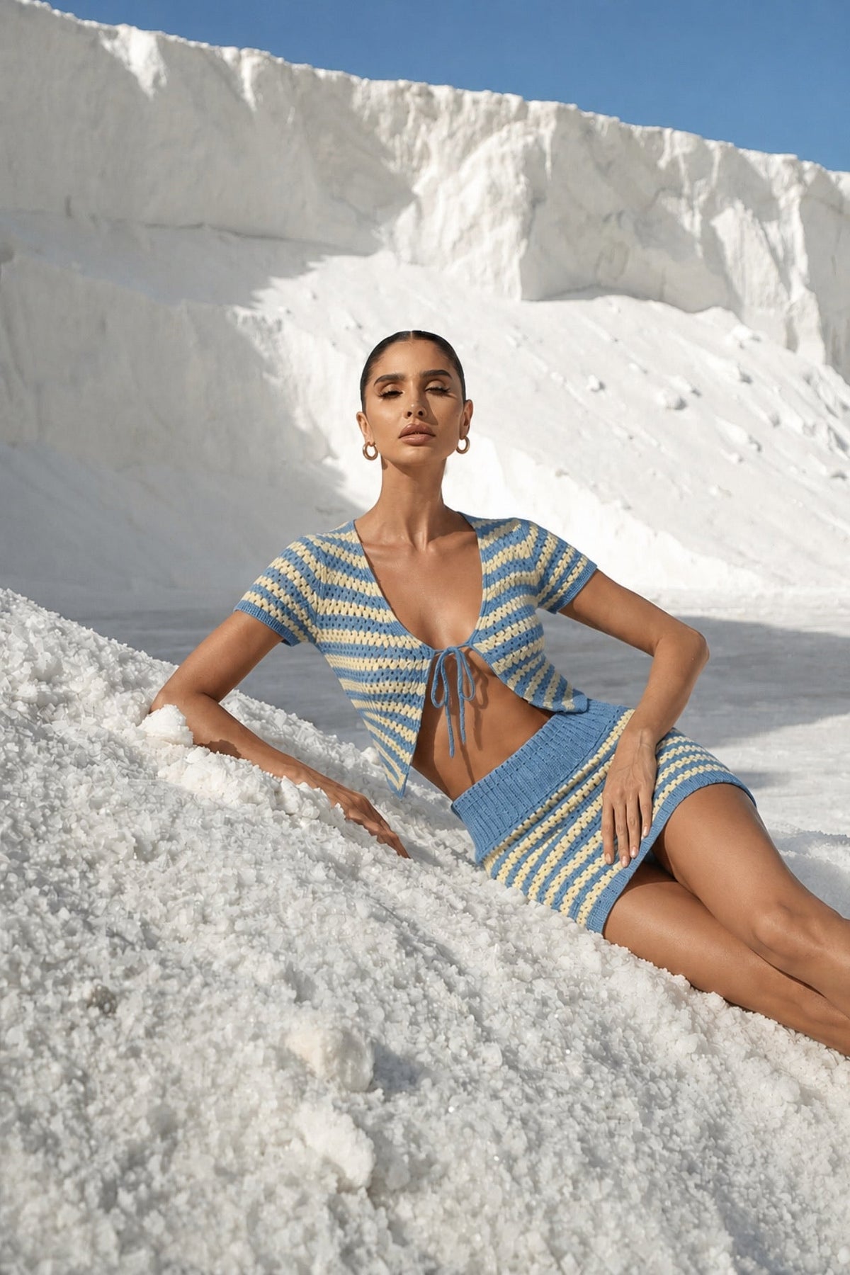 Striped Tie-Detail Blouse and Folded-Waist Skirt Two-Piece Blue Knit Set