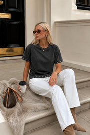 Washed Effect Eyelet Detail Brown T-Shirt