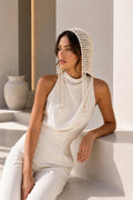 Ecru Knitted Beanie with Fringed Pearl Detail