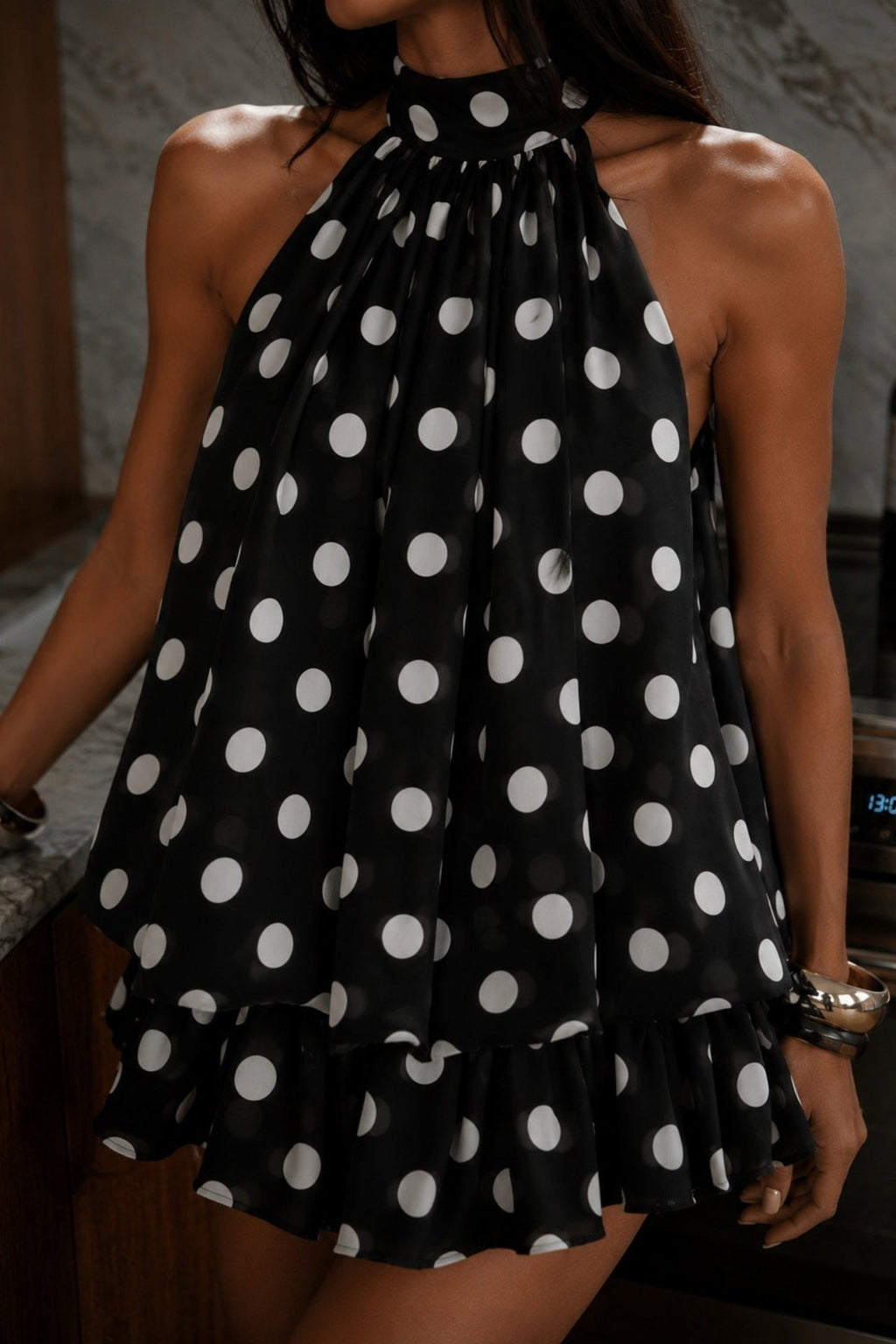 Halter Neck Polka Dot Balloon Sleeve Black Mini Dress
