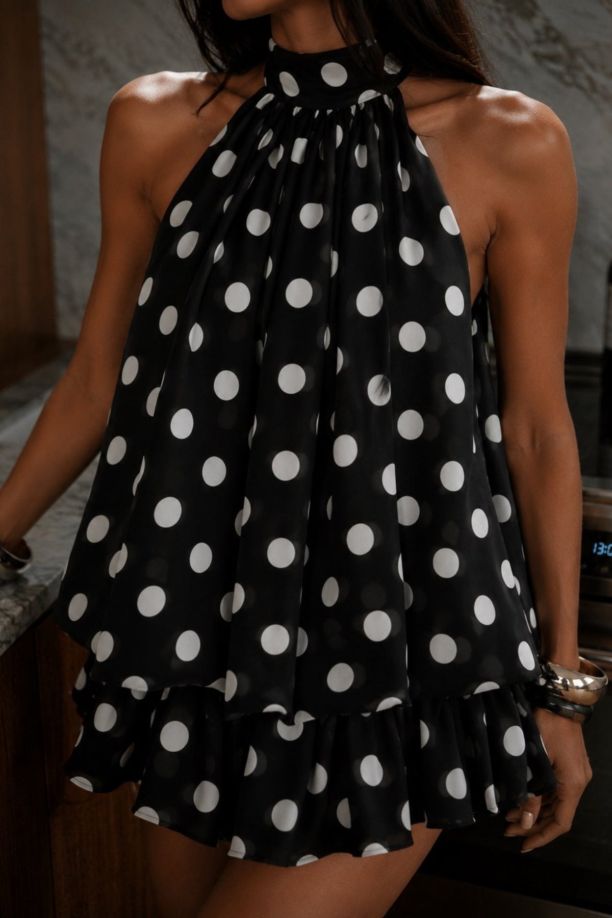 Halter Neck Polka Dot Balloon Sleeve Black Mini Dress