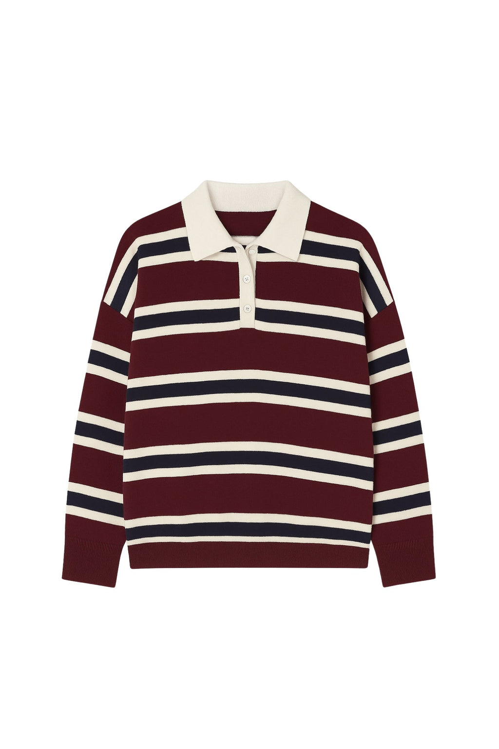 Striped Buttoned Polo Collar Burgundy Knit Blouse