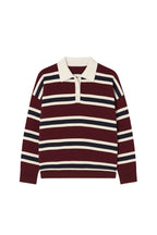 Striped Buttoned Polo Collar Burgundy Knit Blouse