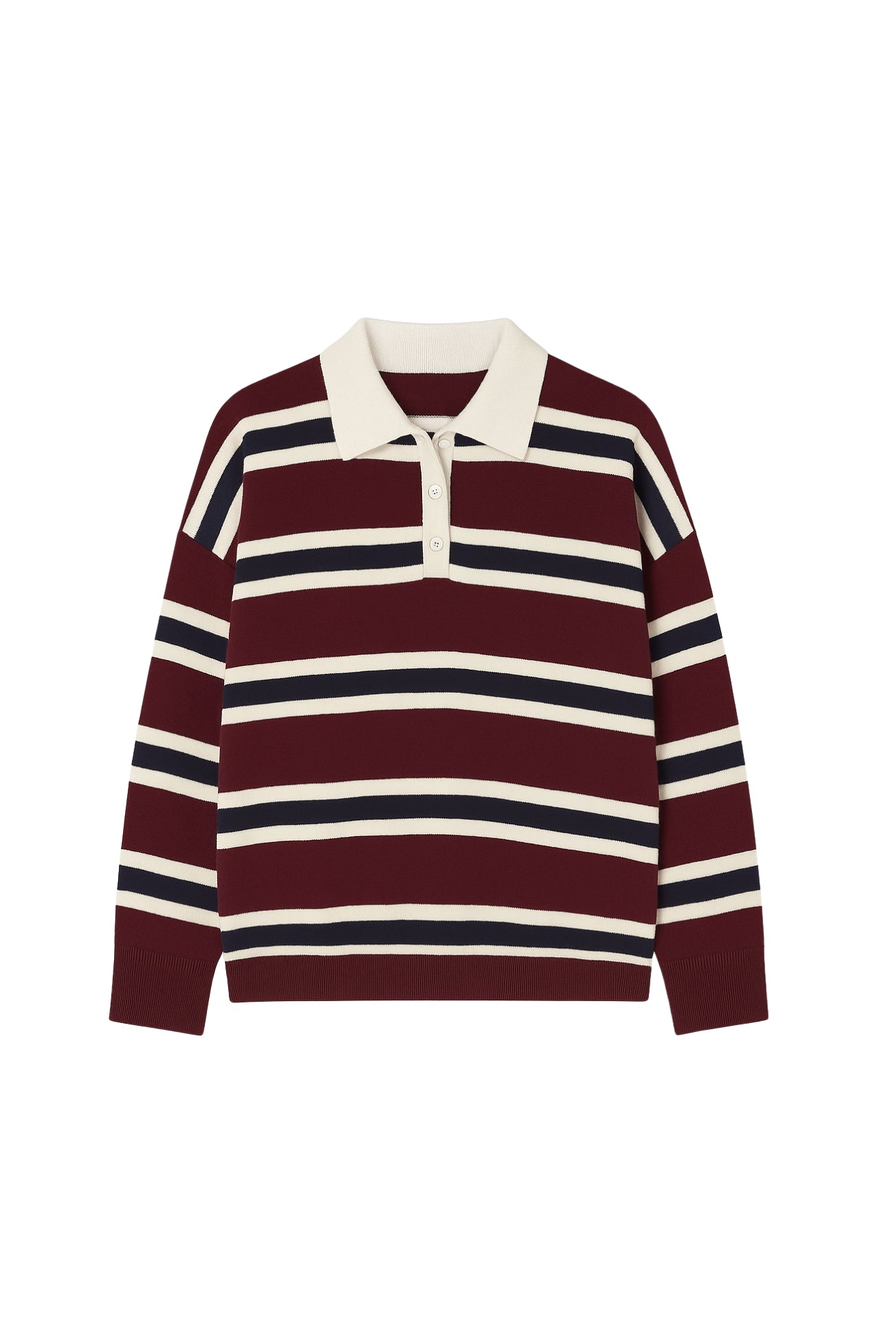 Striped Buttoned Polo Collar Burgundy Knit Blouse