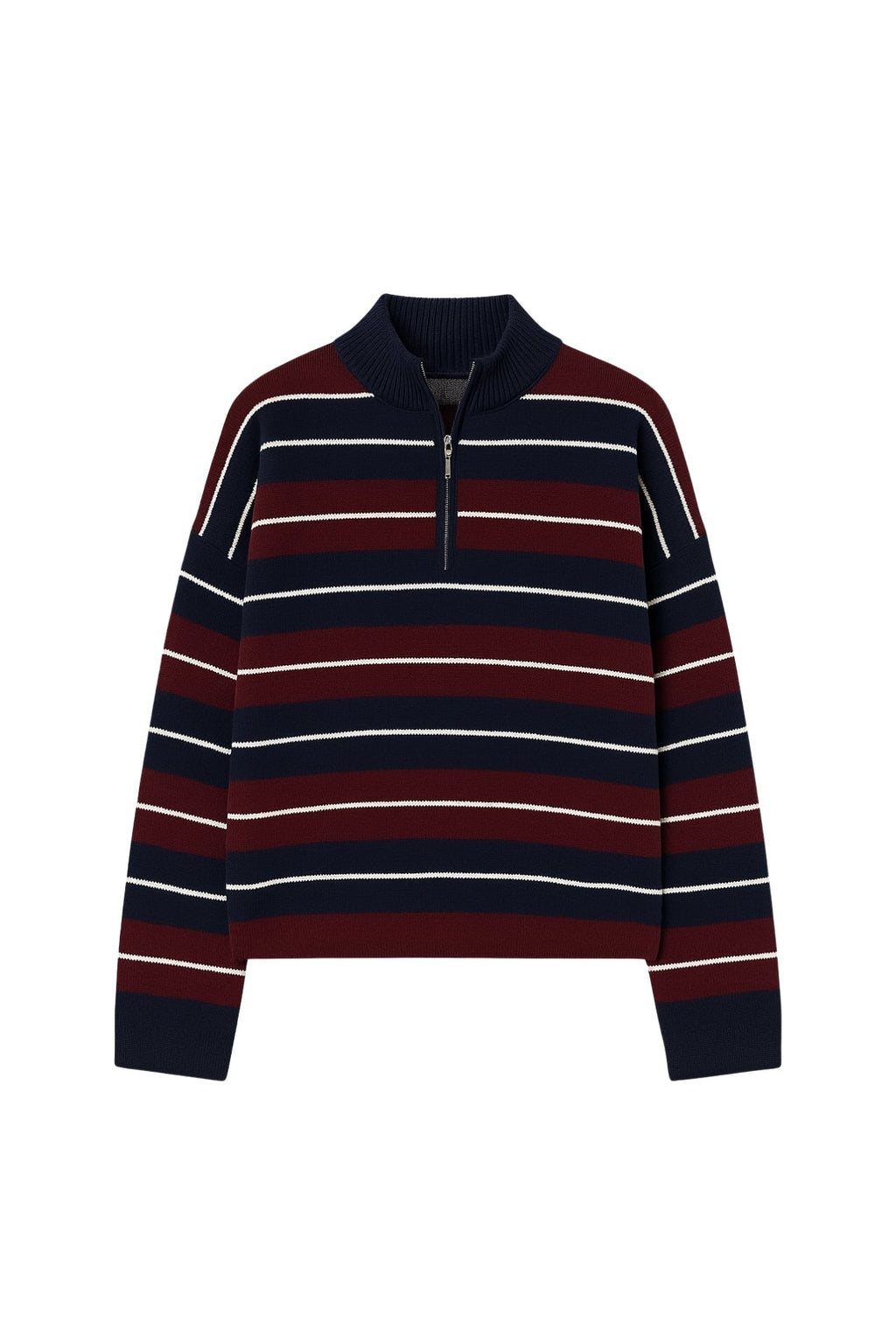 Turtleneck Zipper Detail Gray Striped Sweater