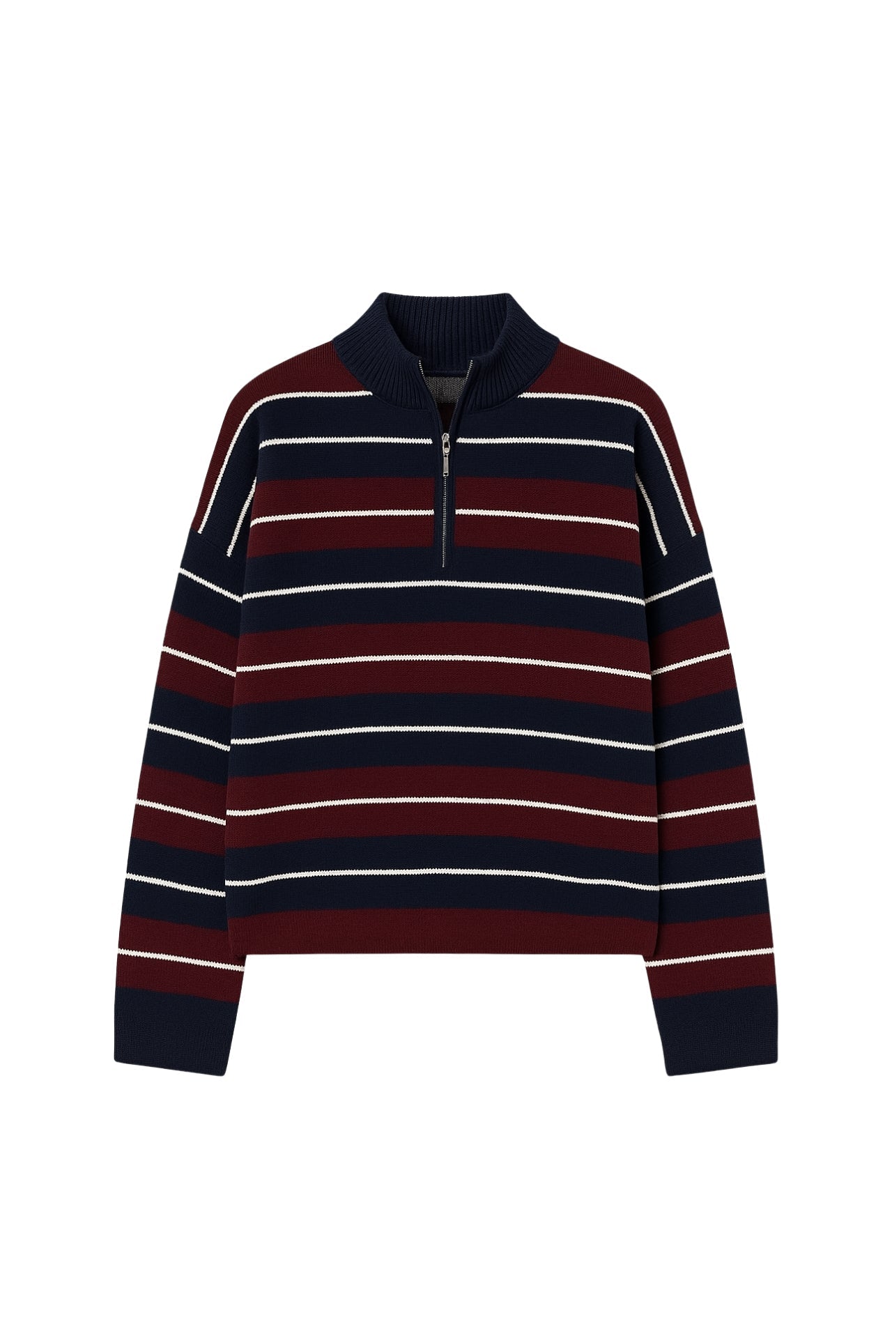 Turtleneck Zipper Detail Gray Striped Sweater