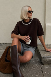 Neck Stone Embellished Half-Sleeve Textured Brown Blouse
