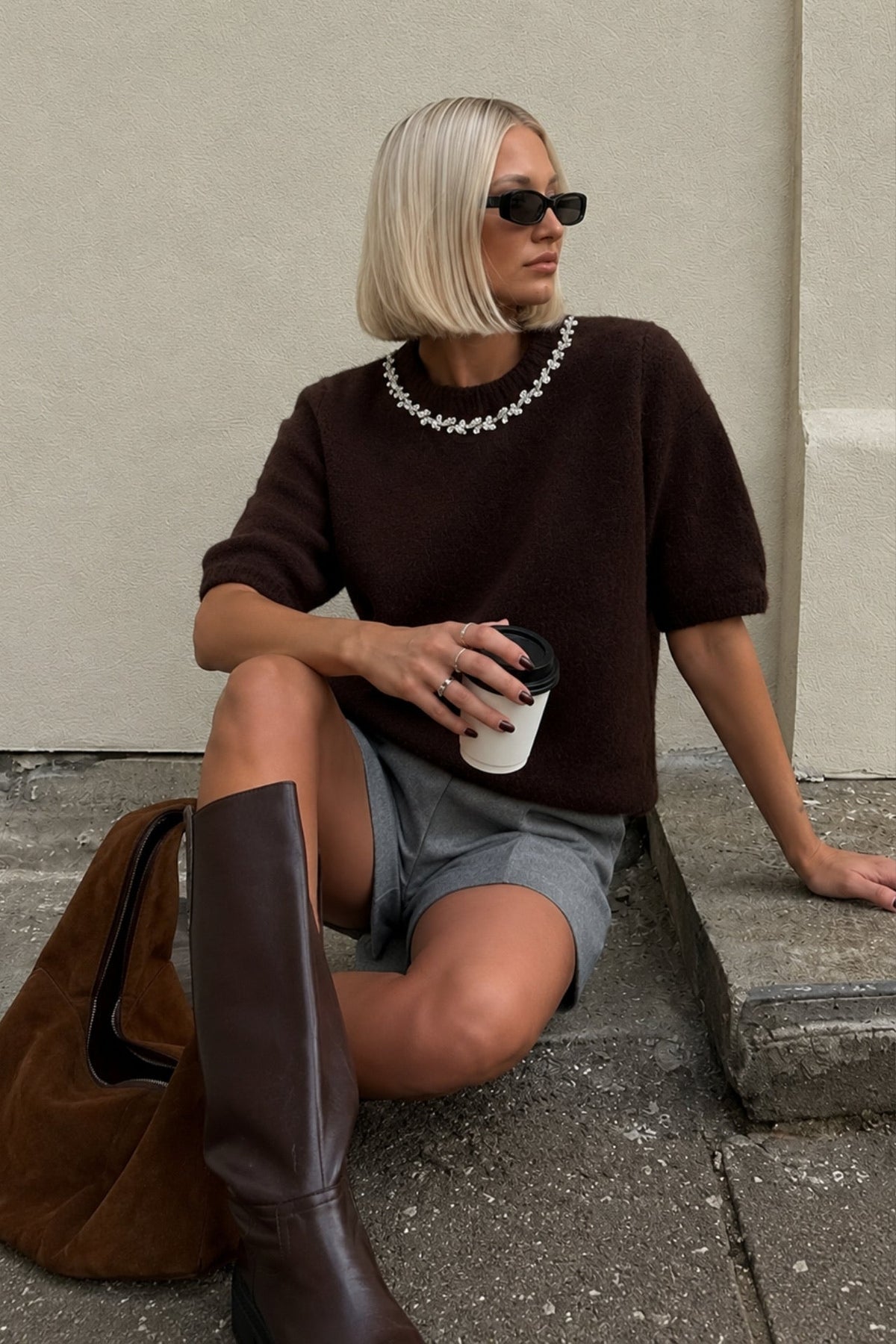 Neck Stone Embellished Half-Sleeve Textured Brown Blouse