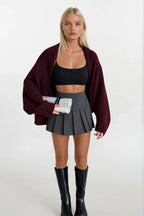 Wool Blend Balloon Sleeve Burgundy Knit Sweater