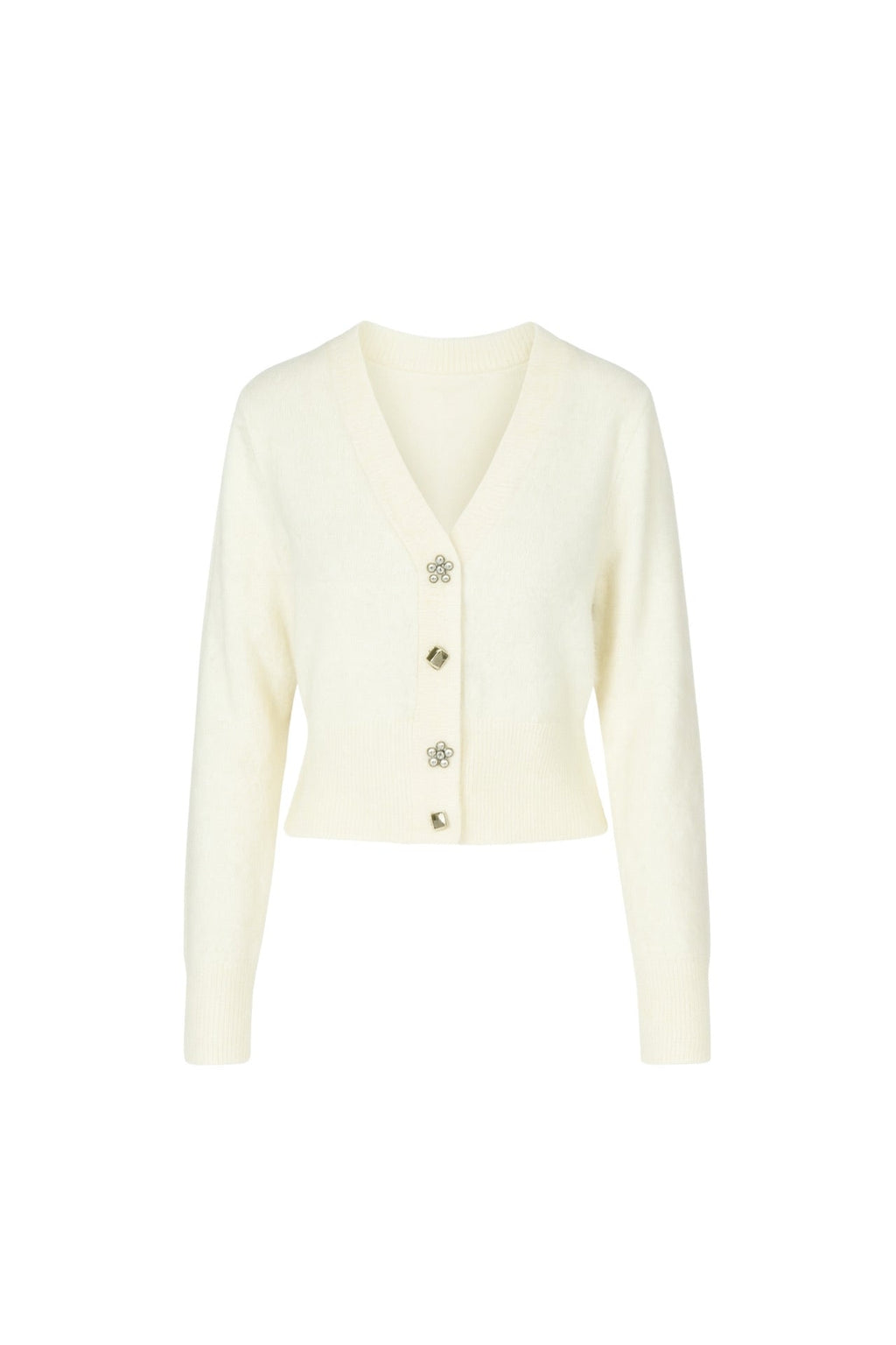 V-Neck Accessory Detail Knit Ecru Cardigan
