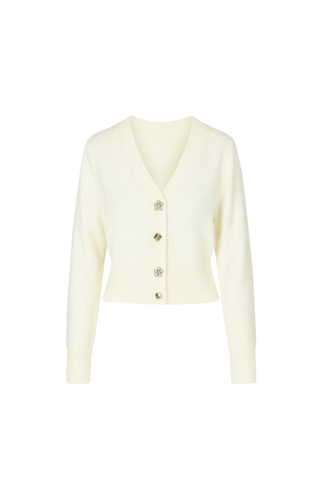 V-Neck Accessory Detail Knit Ecru Cardigan
