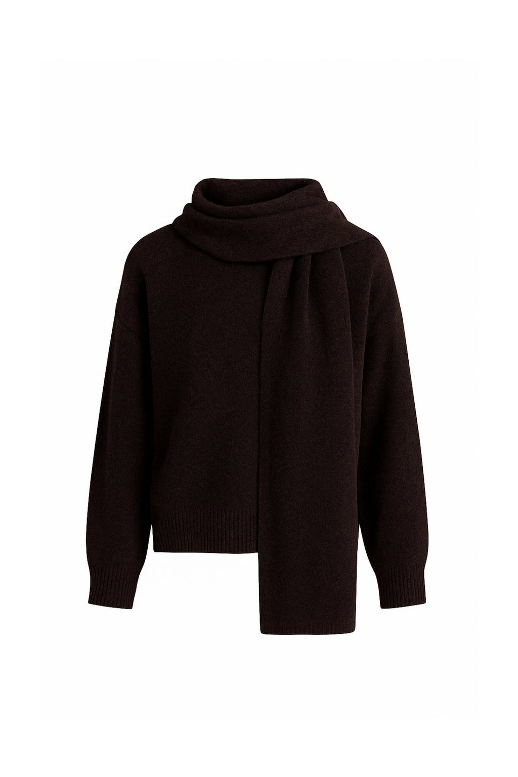 Scarf Detail Textured Brown Knit Sweater Two-Piece Set