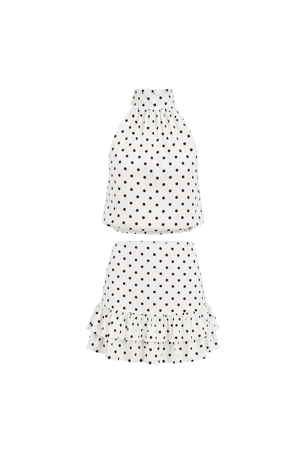 Polka Dot Pattern Turtleneck Sleeveless Blouse Ruffle Mini Skirt White Double Suit