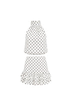 Polka Dot Pattern Turtleneck Sleeveless Blouse Ruffle Mini Skirt White Double Suit