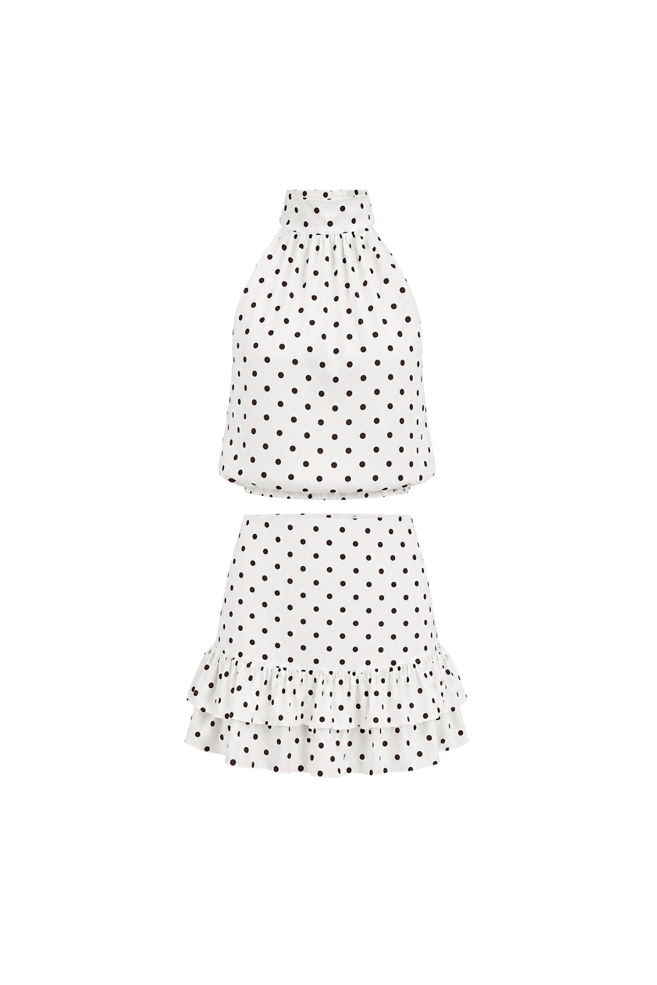 Polka Dot Pattern Turtleneck Sleeveless Blouse Ruffle Mini Skirt White Double Suit