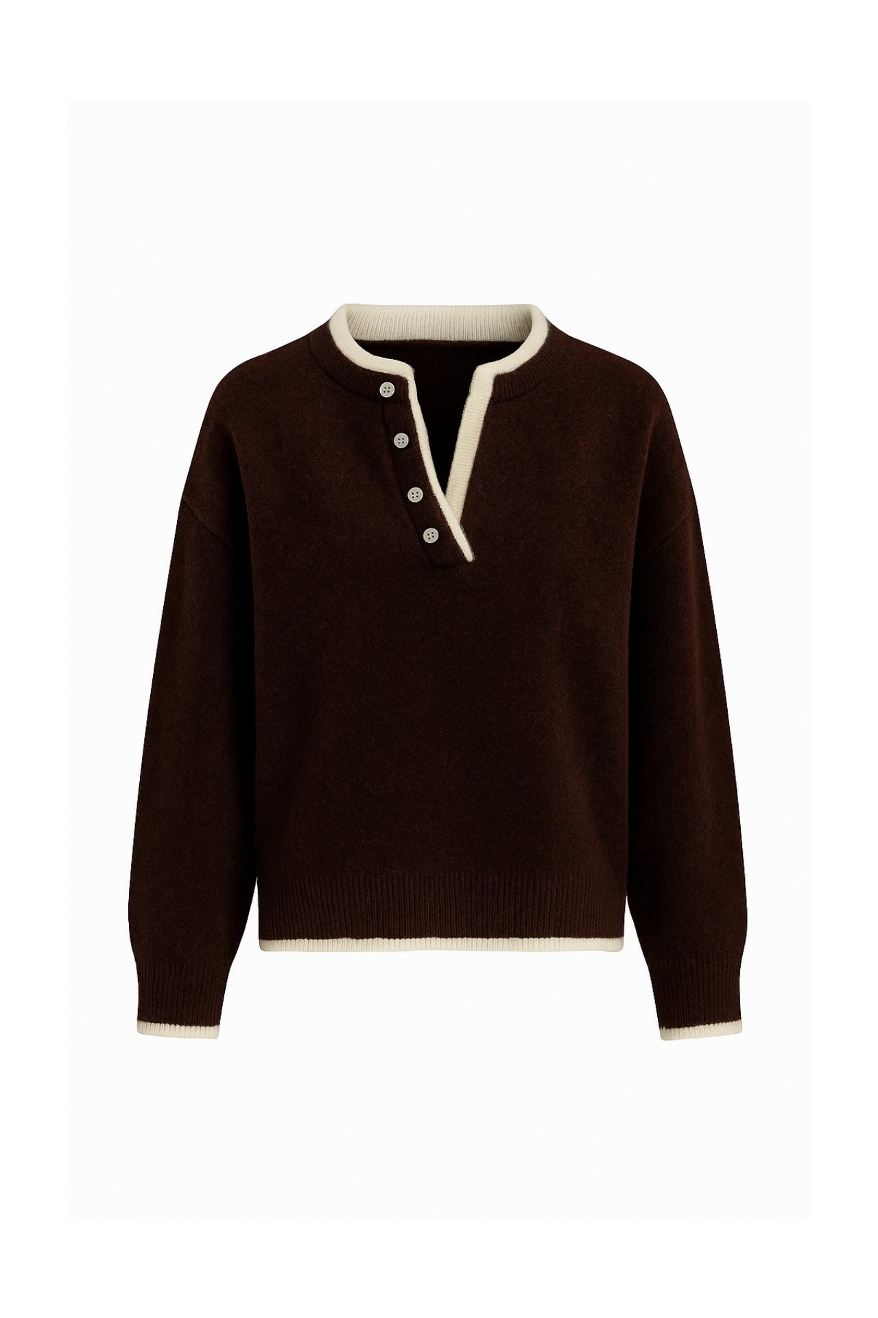 Button Detail Basic Brown Knit Sweater