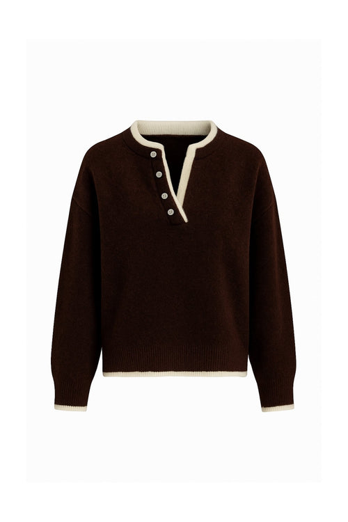 Button Detail Basic Brown Knit Sweater