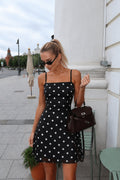 Strappy Polka Dot Pattern Astarlı Black Mini Dress