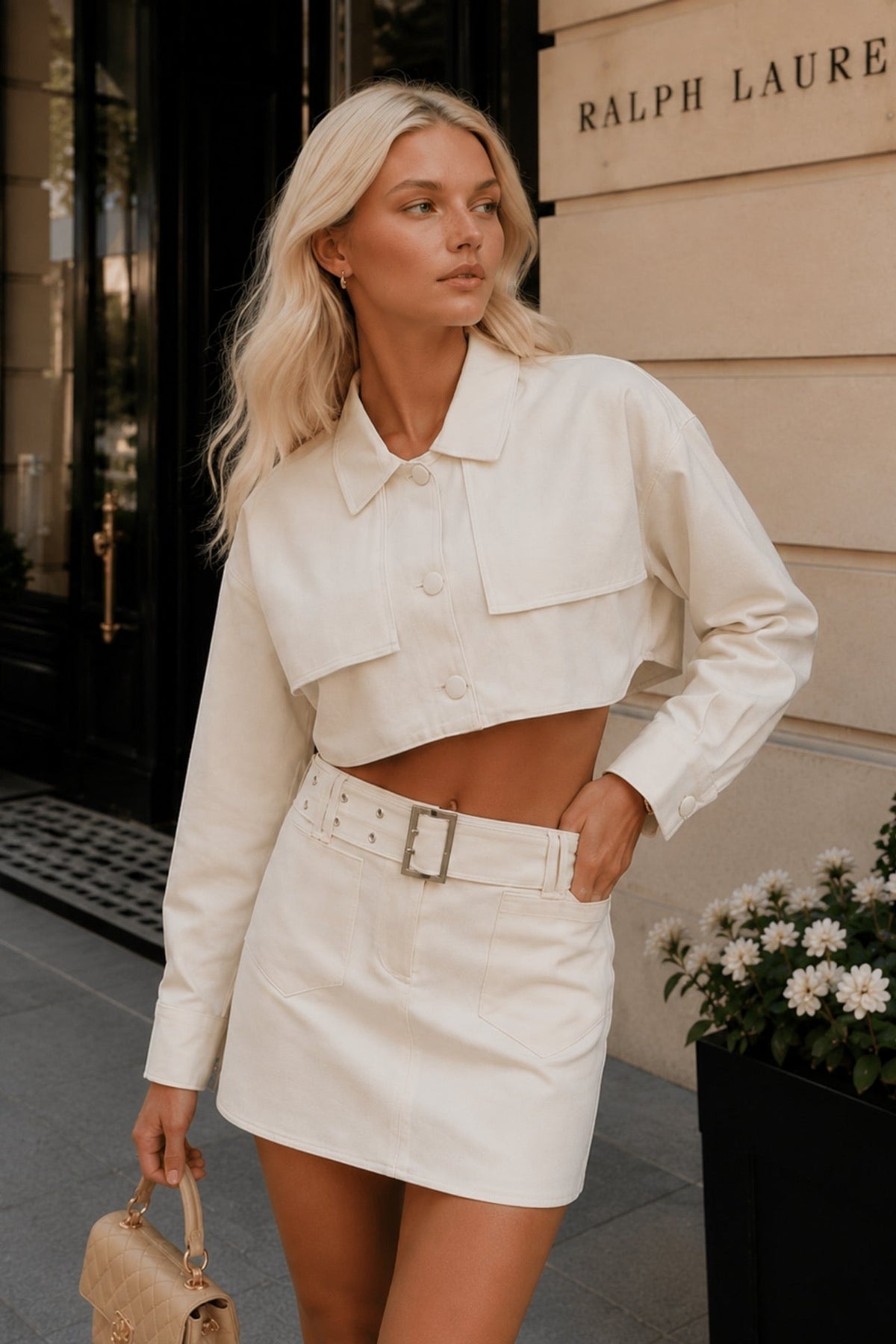 Button Detail Ecru Crop Jacket