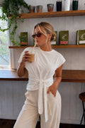 Crew Neck Tie Detail Stone Detail White Blouse