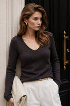 V-Neck Long Sleeve Textured Brown Blouse