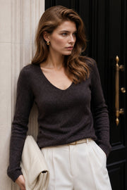 V-Neck Long Sleeve Textured Brown Blouse