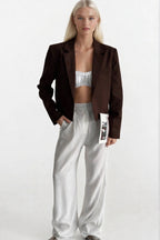 Crop Linen Blazer Brown Jacket