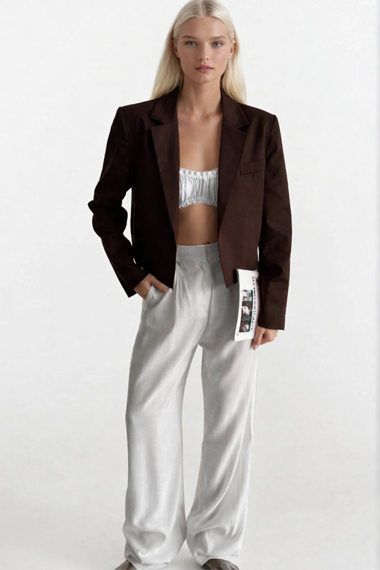 Crop Linen Blazer Brown Jacket