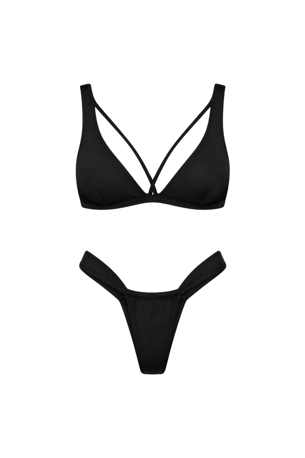Piping Detail Ruched Black Bikini Set