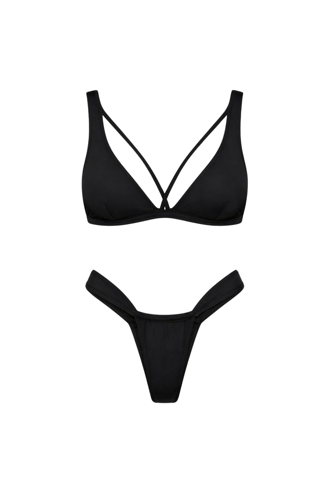 Piping Detail Ruched Black Bikini Set