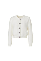 Flower Accessorized Soft-Textured Ecru Knit Cardigan