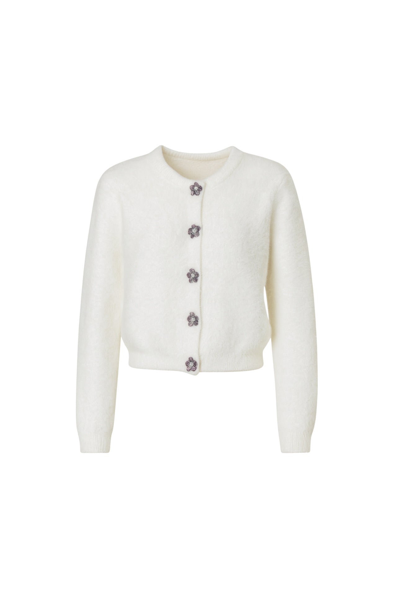 Flower Accessorized Soft-Textured Ecru Knit Cardigan