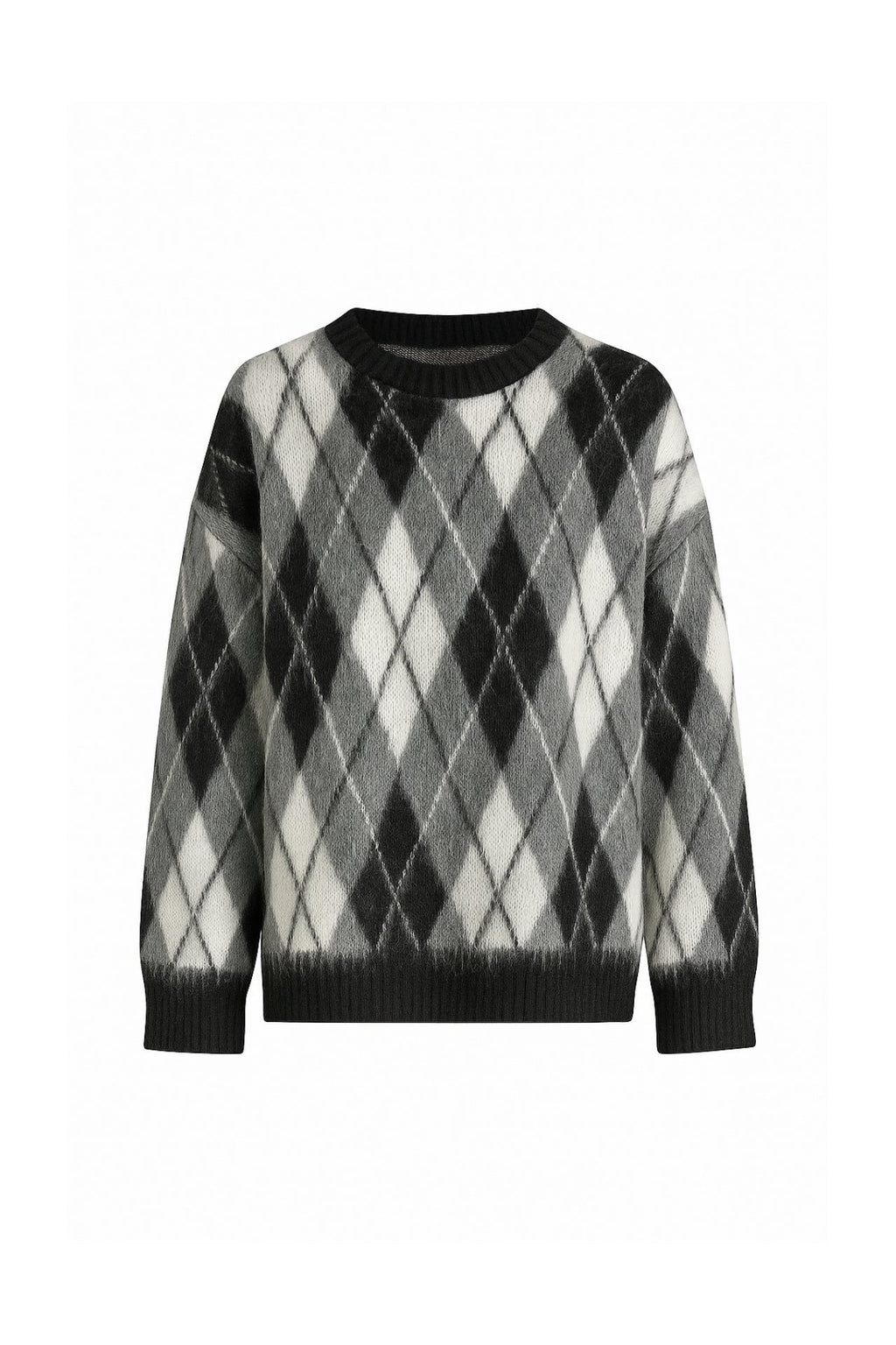 Diamond Pattern Textured Crew Neck Black Knit Sweater