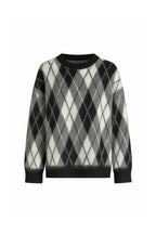 Diamond Pattern Textured Crew Neck Black Knit Sweater