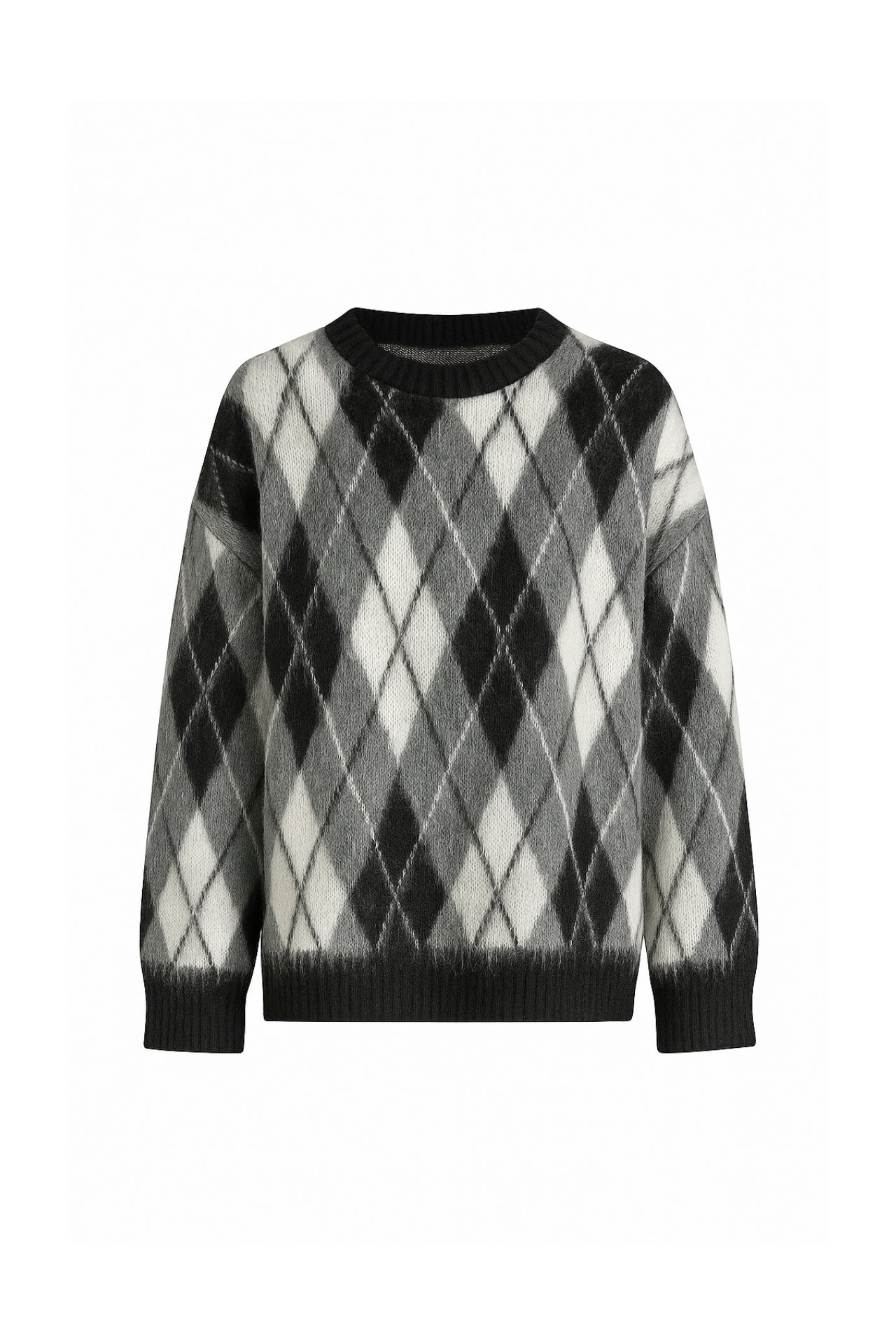 Diamond Pattern Textured Crew Neck Black Knit Sweater