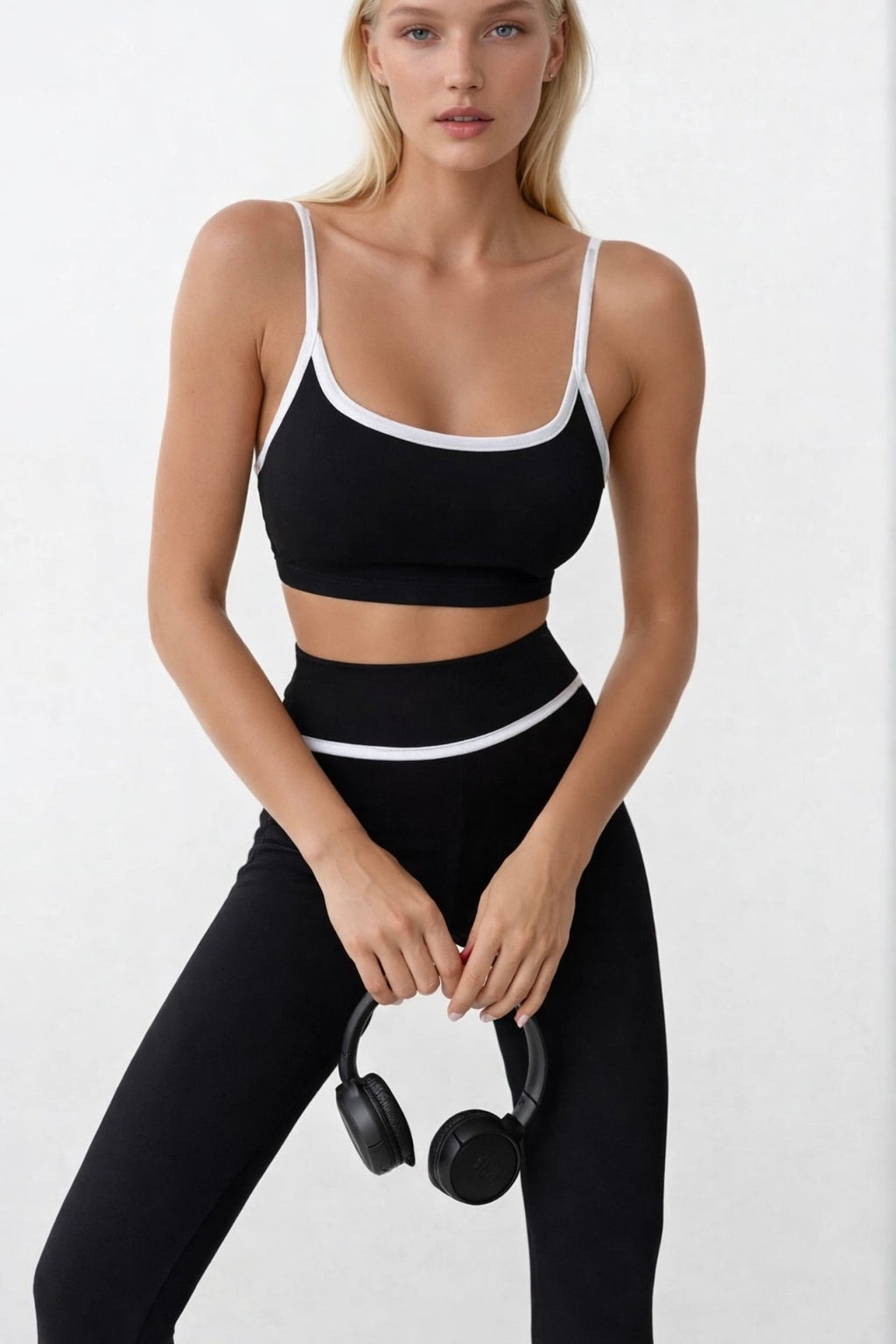 Piping Detail High Waist Black Leggings