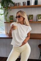 Ruched Shoulder Sleeveless White Blouse