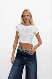 Stone Detail White Crop T-Shirt