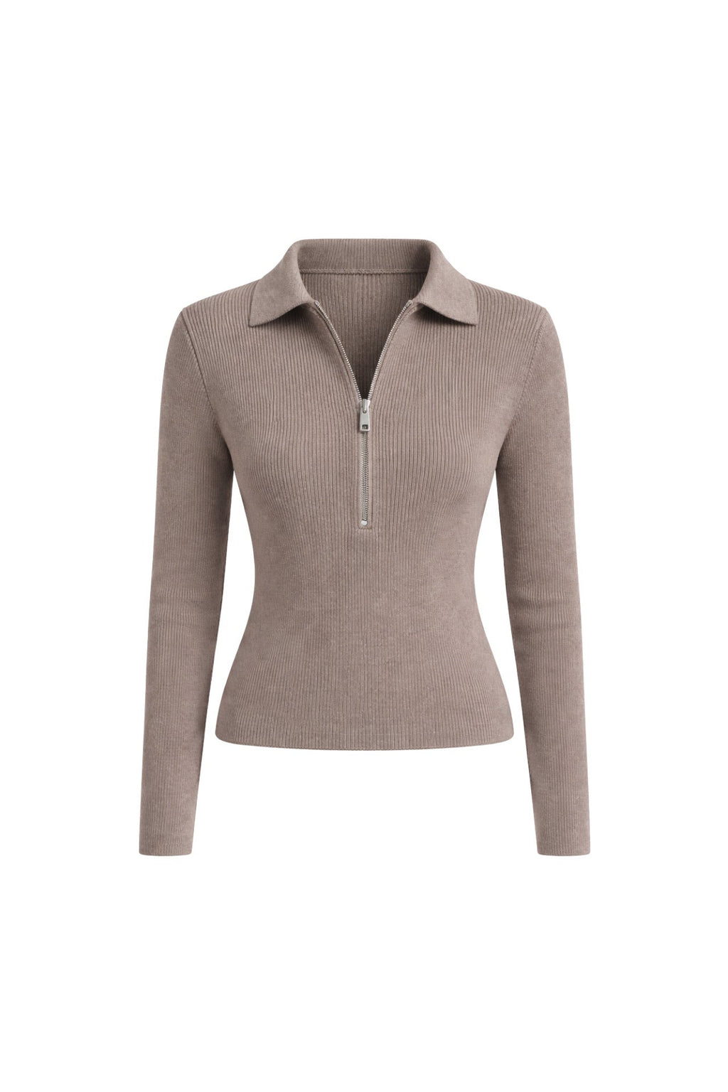 Polo Collar Zipper Detail Beige Knit Blouse